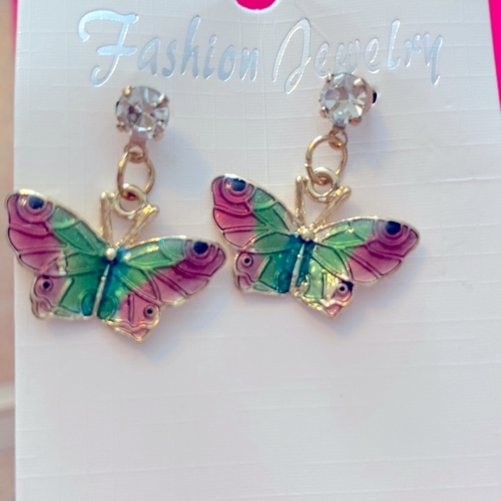 Butterfly dangle earrings with rhinestone at top
